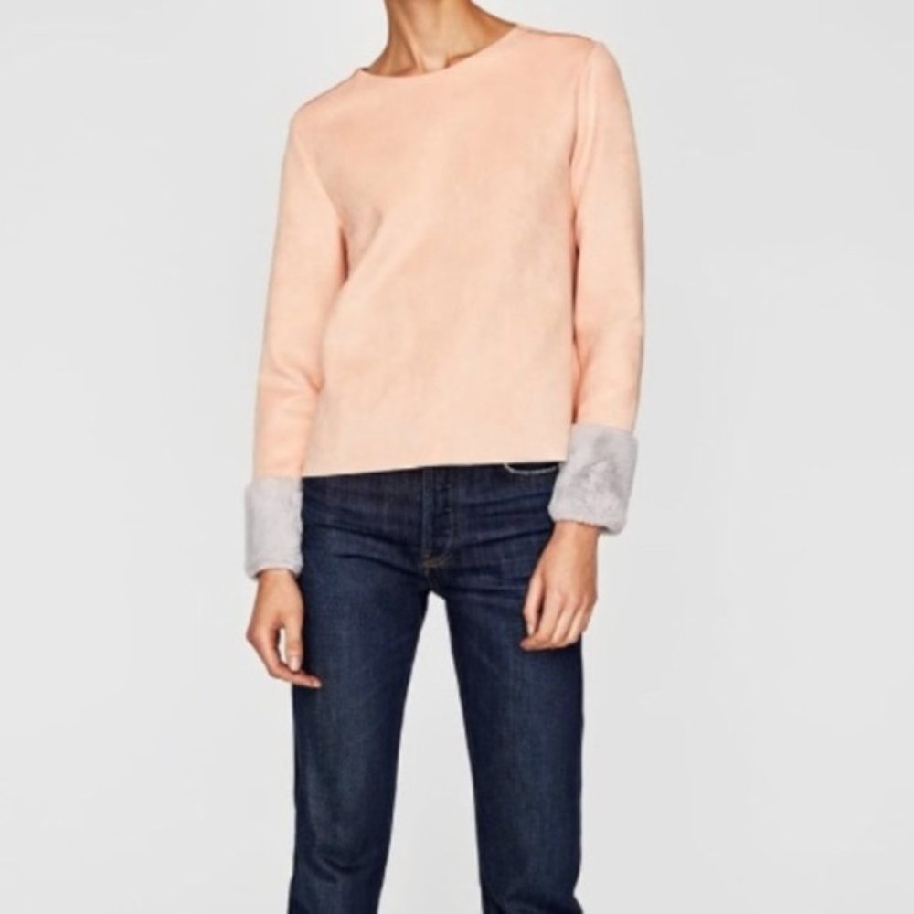 Zara Blush Suede Top With Gray Faux Fur Sleeves S